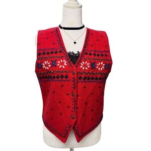 Vintage 90s Red Wool Embroidered Floral Beaded Vest Small Boho Festival Grandma
